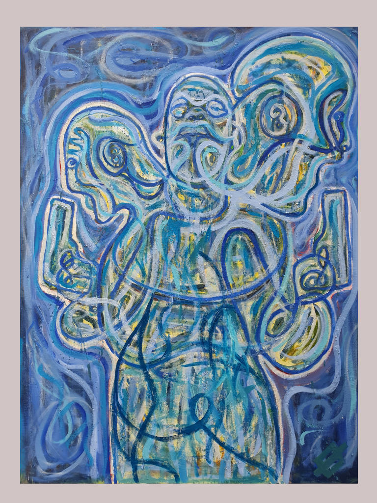 A picture of the artwork called Suicidium by Bjørn Eirik Østbakken shows conjoined twins where on of them is trying to shoot the two other. Their screaming and looks scared. It is in lots of blue colors.