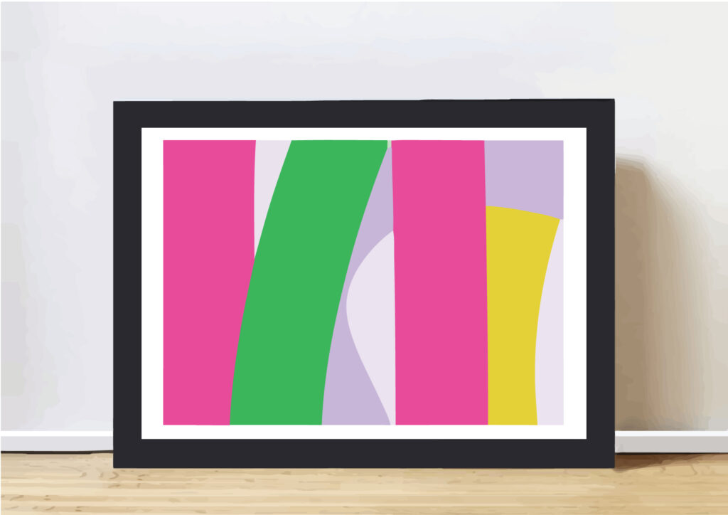Purple, green, pink and yellow lines in this abstract artwork
